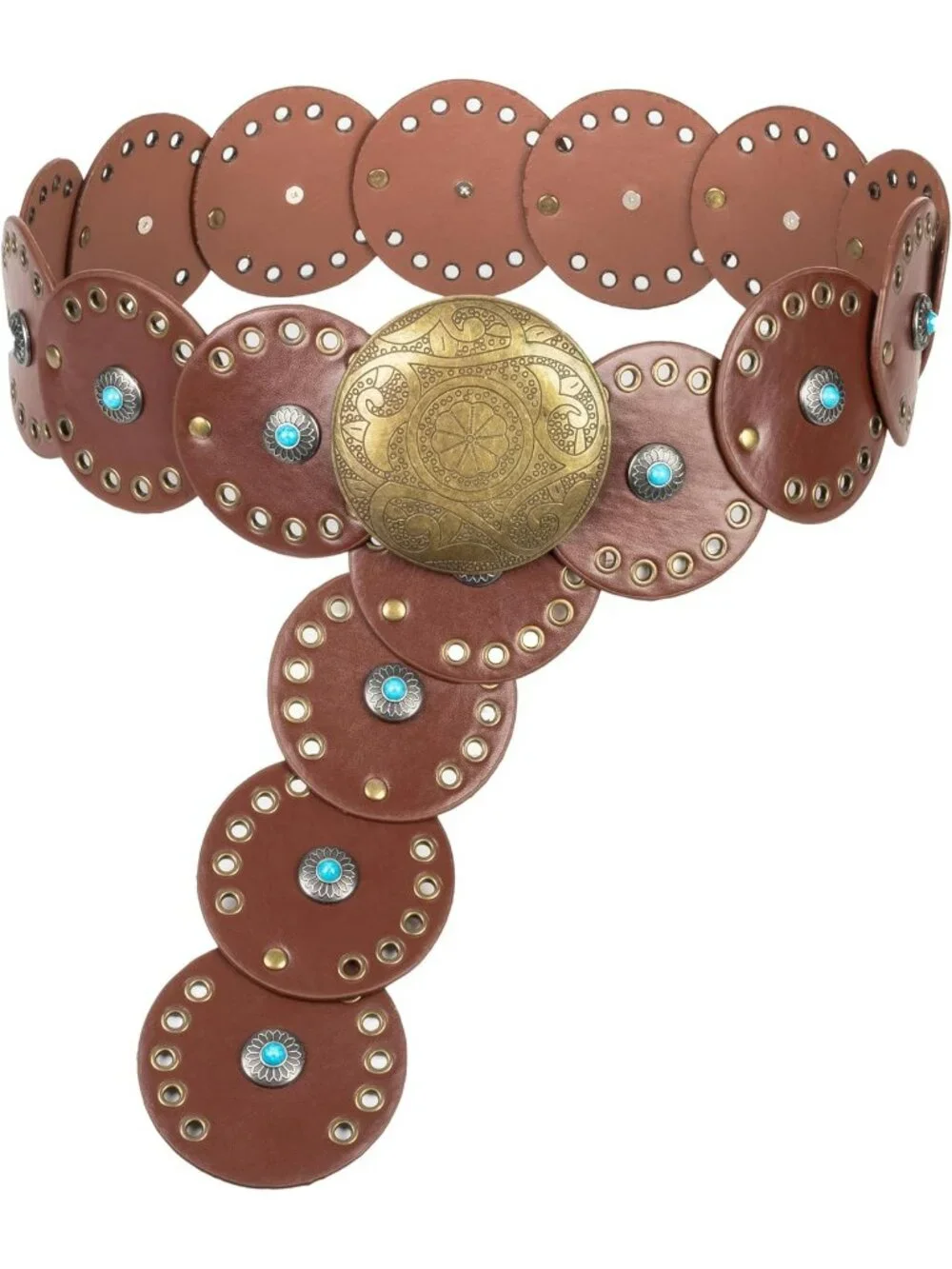 Women Brown & Gold Wide Western Disc Belt Cowgirl Boho-Concho Leather Belt